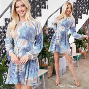 Boho Blue Tie Dye Mini Dress | Long Sleeve Puff Waist Casual Fall Dress